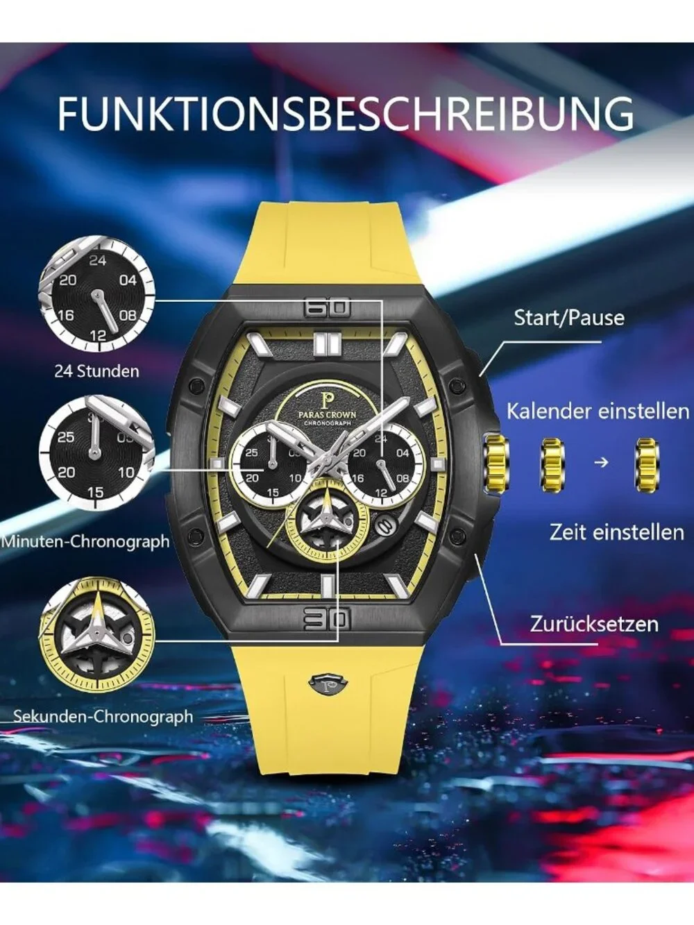 Men's Yellow Black Waterproof Quartz Luxury Chronograph Analog Wrist Watches